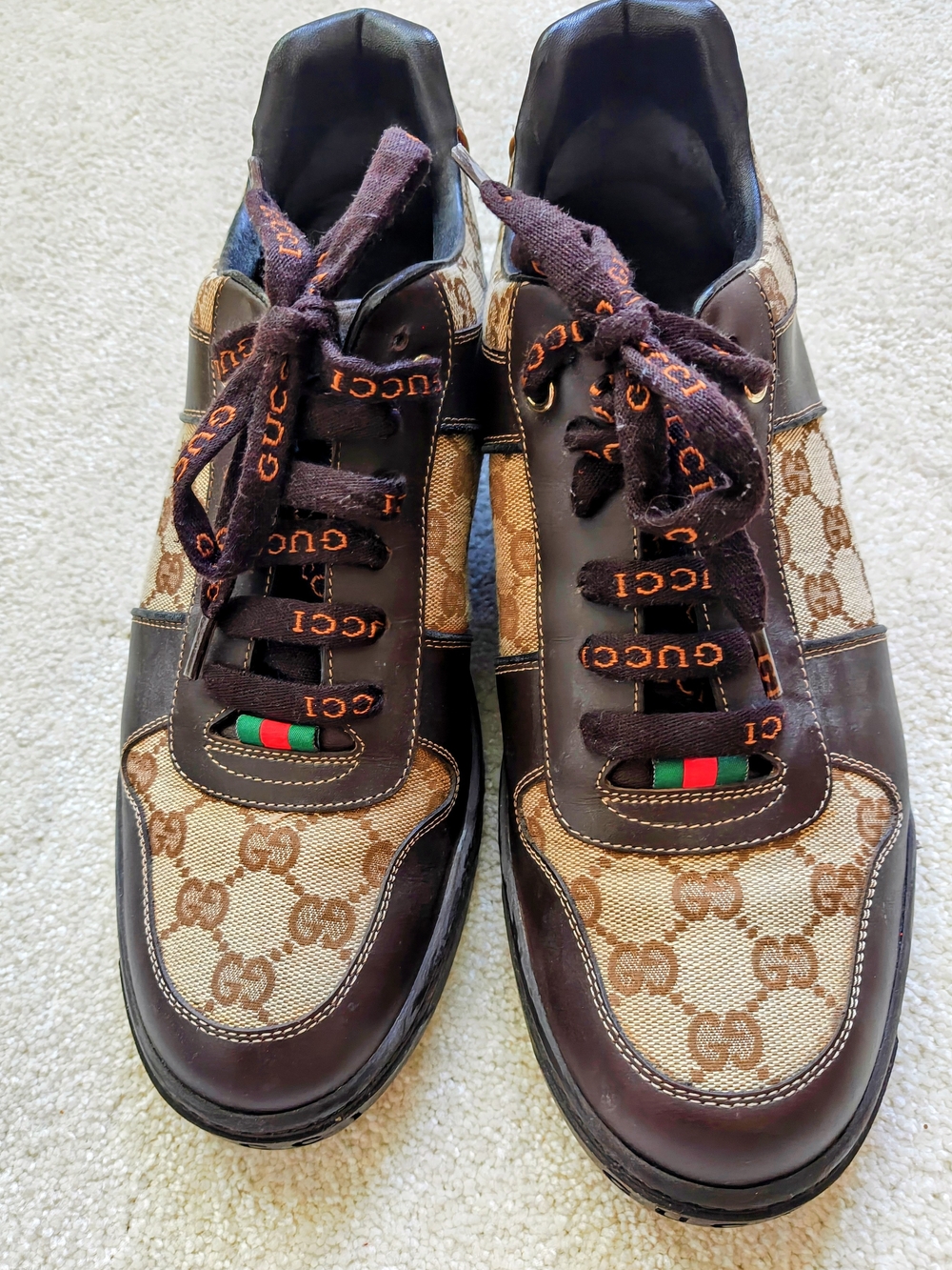 Gucci Men's Brown GG Canvas Low-Top Sneakers with Dark Brown Leather